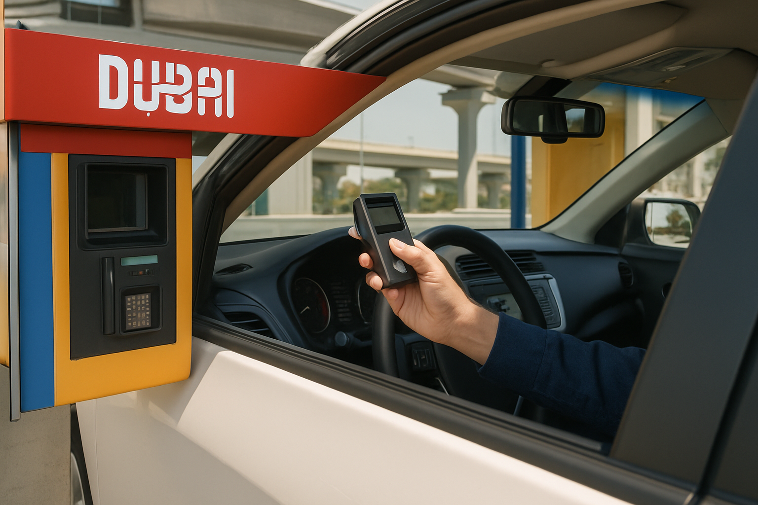 Driver using a toll payment device in Dubai