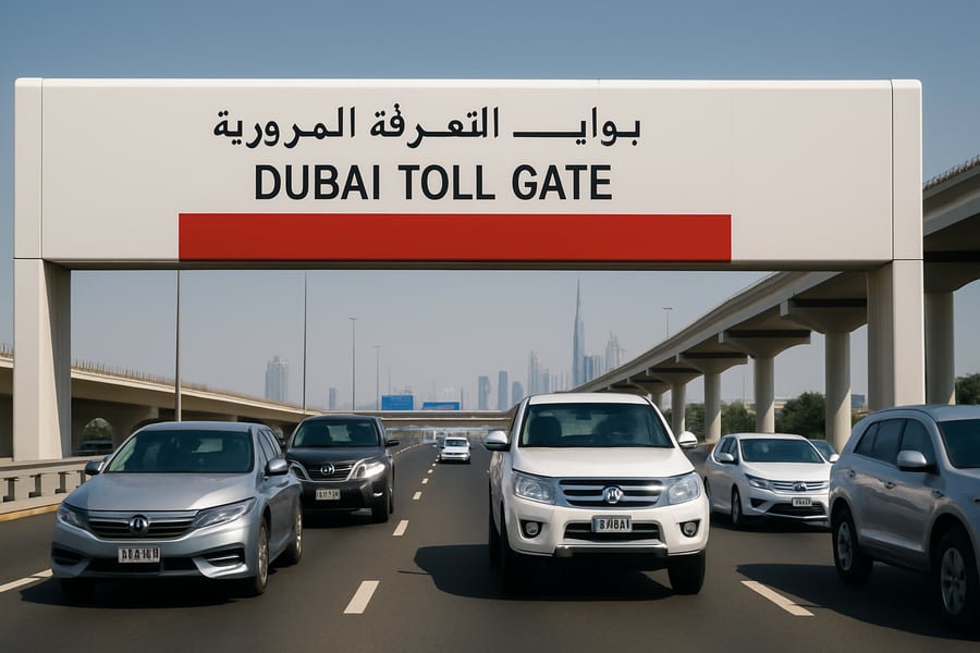 Dubai toll gate with cars passing through Dubai toll gate with cars passing through