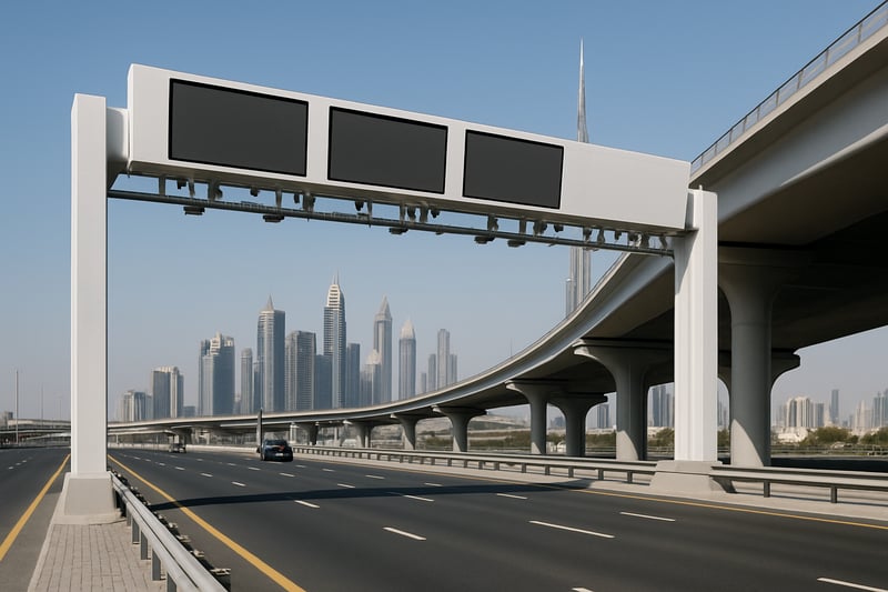 Modern highway in Dubai with electronic toll gantry Modern highway in Dubai with electronic toll gantry